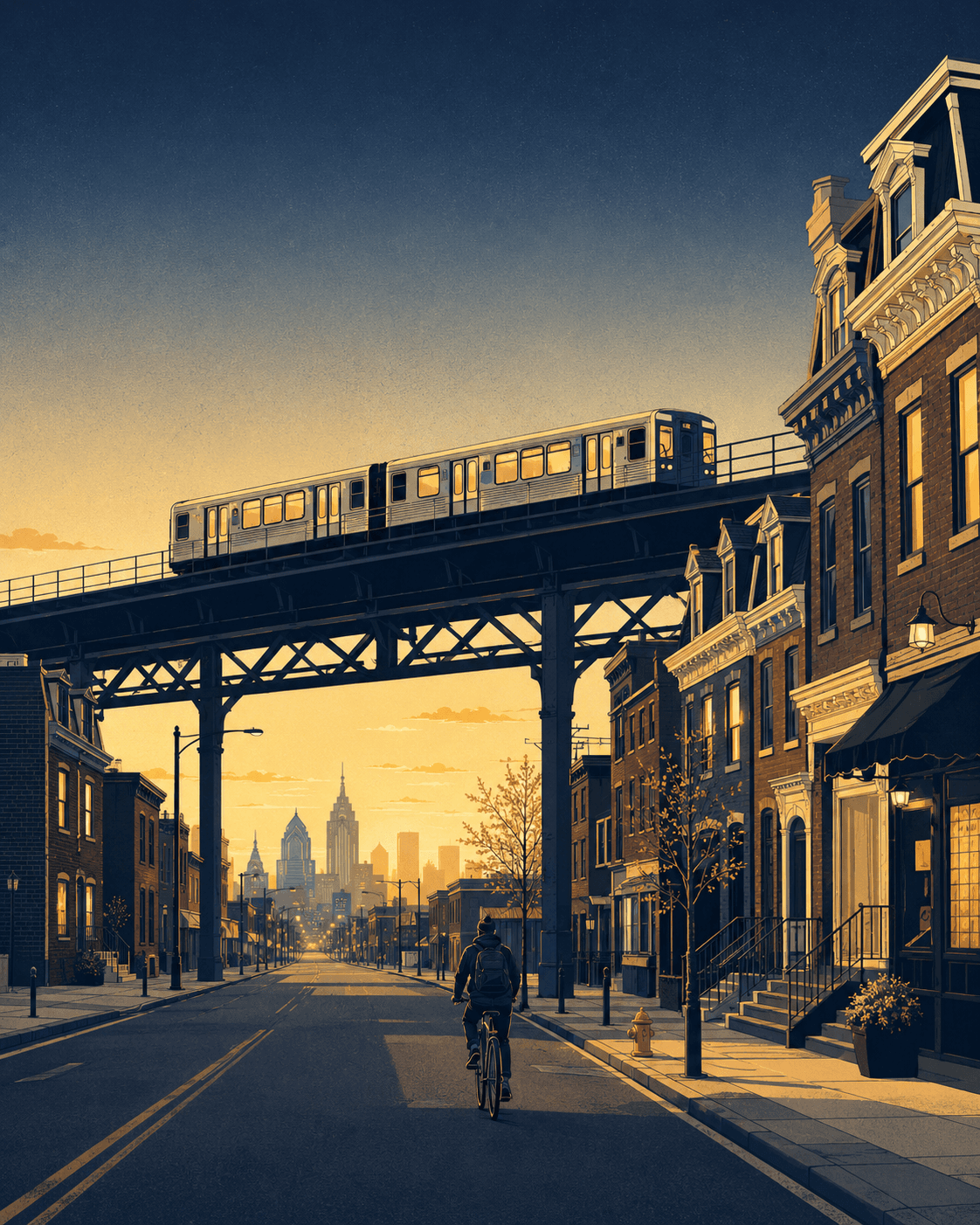 Stylized Philadelphia River Wards rowhomes at sunrise